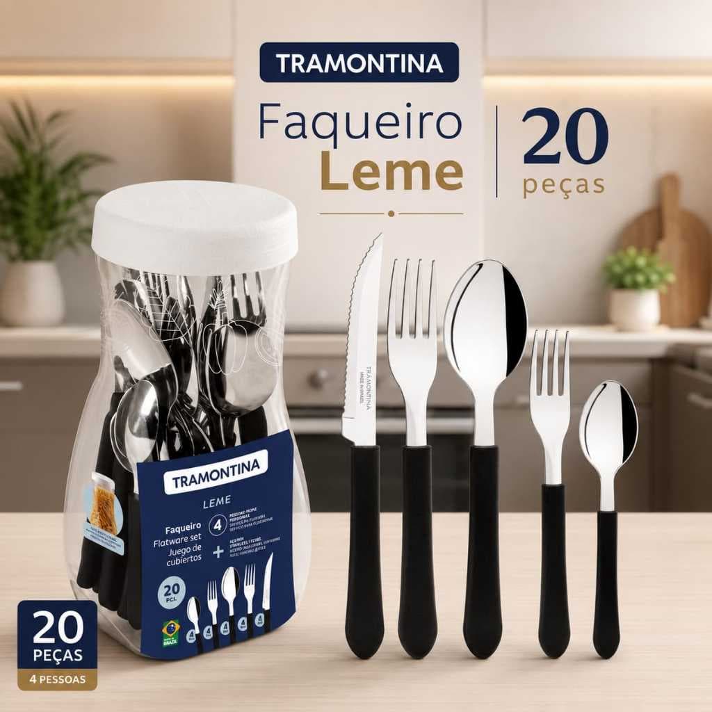 Faqueiro Tramontina Leme 20 Peças Aço Inox, Conjunto Completo com Lâminas Inox para Mesa,  Cozinha e Uso Diário