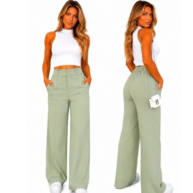 Calça Pantalona Wide Leg Feminina Duna Confortável Com Bolso e Botão