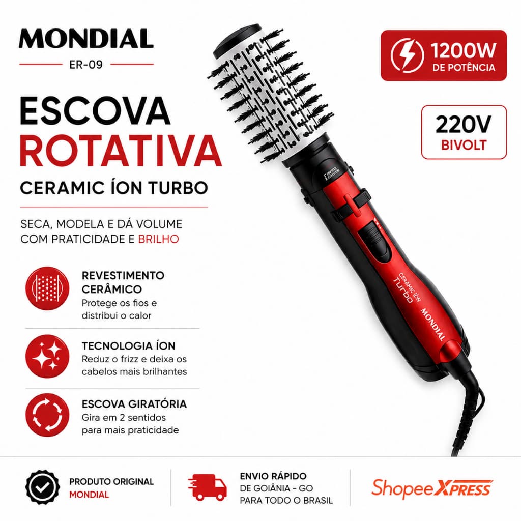 Escova Rotativa Mondial Ceramic Íon Turbo ER-09 1200W 220V Original 4 Acessórios