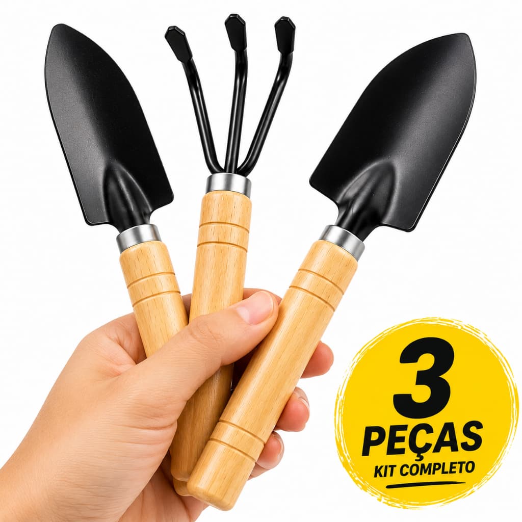 Kit Mini Jardinagem Ferramentas 3 Peças Pá Ancinho Madeira Vasos Plantas Bonsai Suculentas