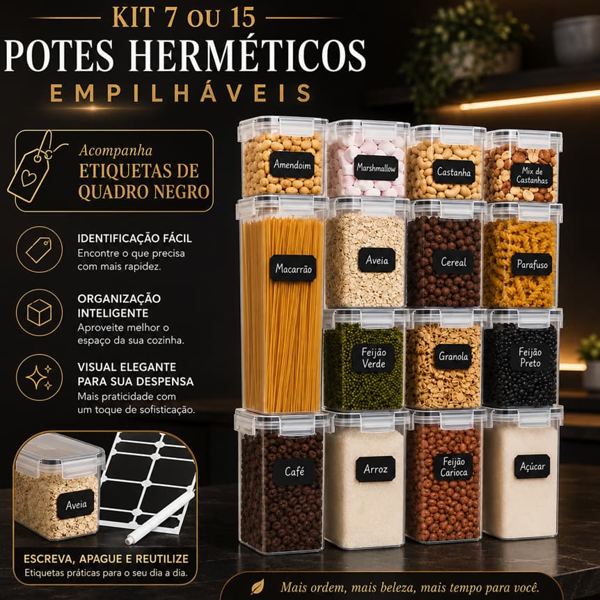 Kit 7 ou 15 Potes Herméticos Empilháveis Para Alimentos Cozinha