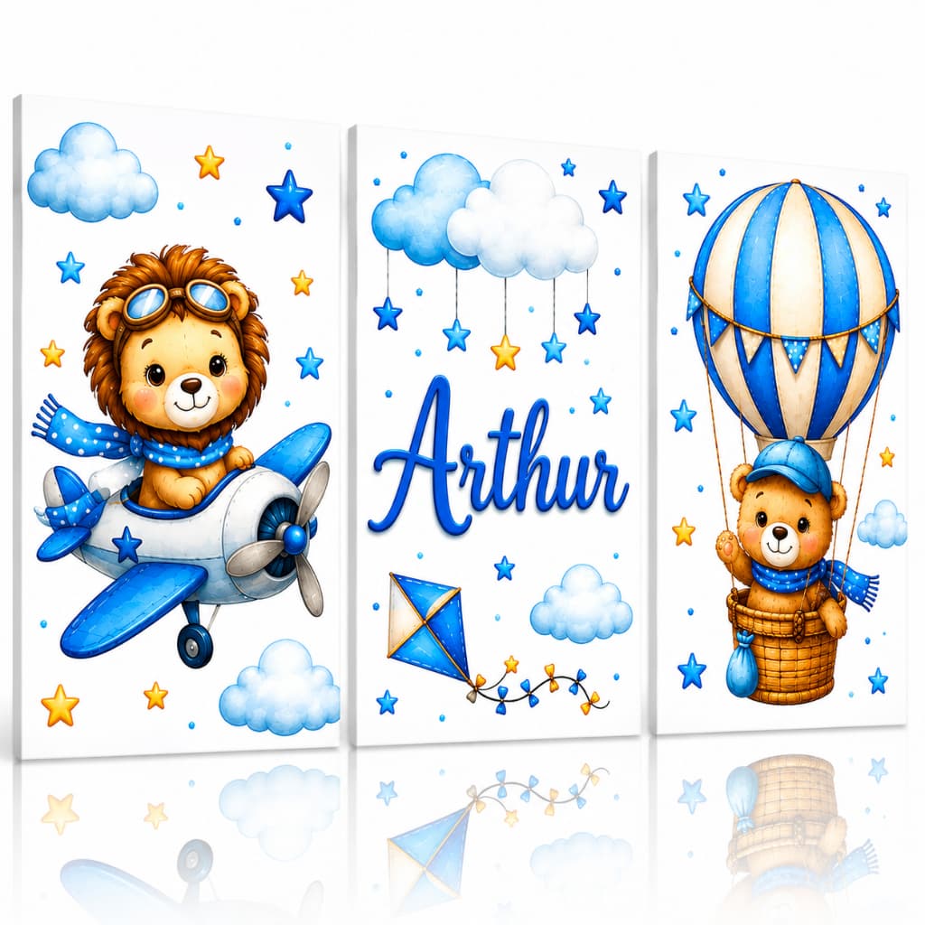 Quadros Decorativos 3 Peças Quarto Infantil Brinquedos Personalizado Menino Arthur Leãozinho Ursinho