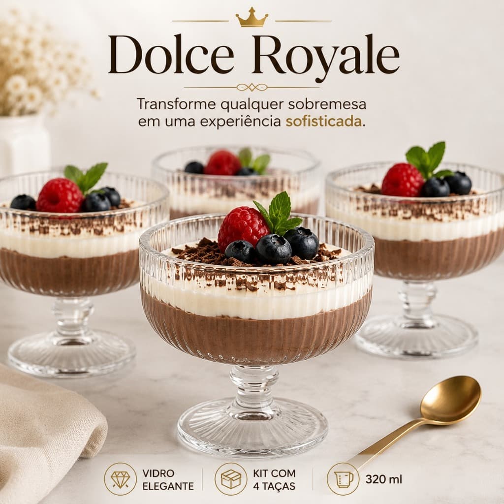 Conjunto 4 Taças Sobremesa Vidro 320ml Cristal Elegante Sorvete Mousse