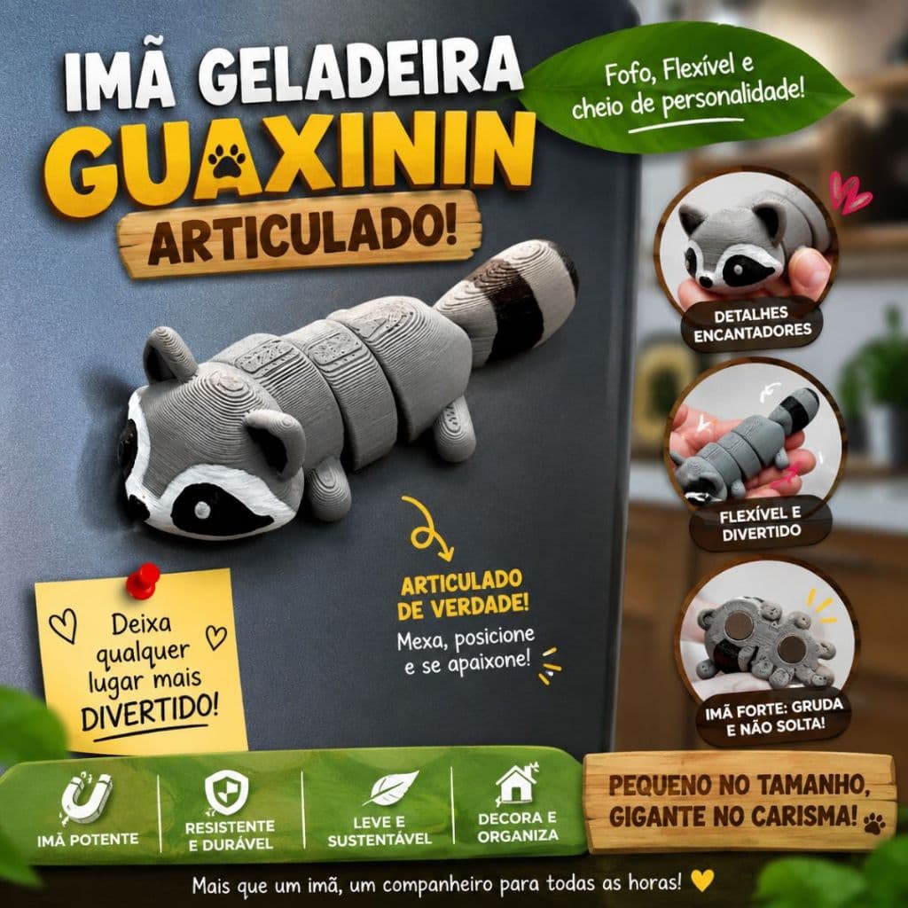 Imã de Geladeira Guaxinin Articulado 3D Decorativo Flexível Porta Recados Presente Criativo