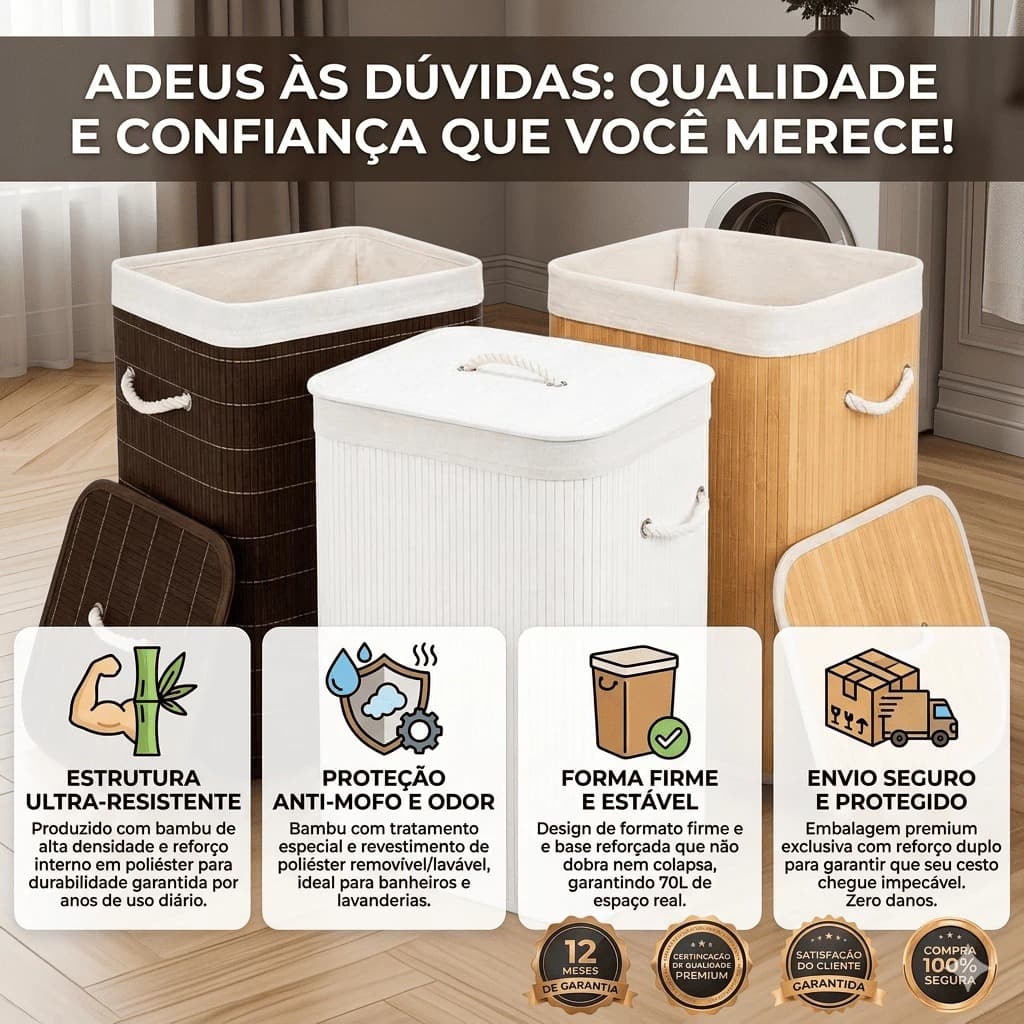 Cesto Organizador de Bambu 70L com Tampa e Alças Cesto para Roupas Lavanderia Branco/ Bege ou marrom