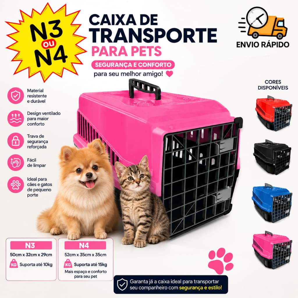 Caixa de Transporte N 3 ou 4 Cachorro Gato Coelho Caixa de Transporte Pet 2 Travas 1 Alça