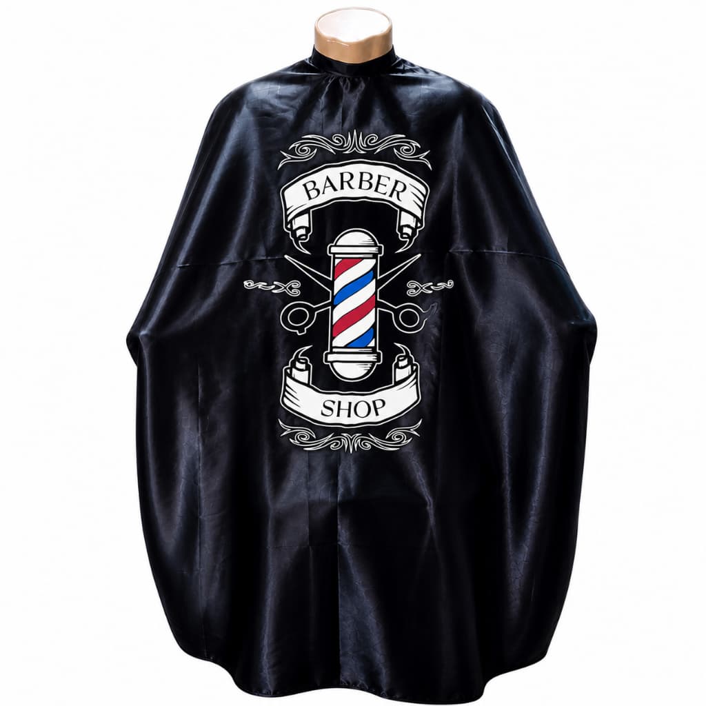 Capa de Corte Barbeiro Cetim Estampada Barber Shop 145x120 com Zíper Gola Confortável Profissional