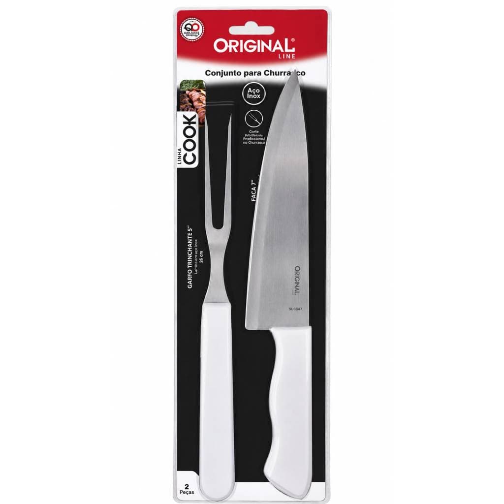 Kit Churrasco Faca e Garfo Trinchante Aço Inox Original Line Conjunto 2 Peças Cabo Branco