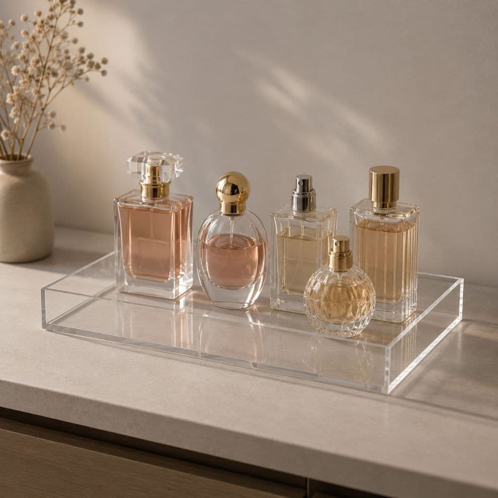 Bandeja de Acrílico Transparente Cristal para Perfumes Cosméticos e Decoração