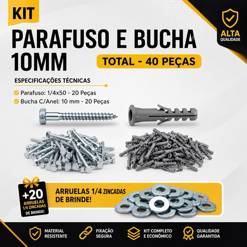 Combo Fixação Parafuso 1/4x50 + Bucha 10mm Parede Concreto Tijolo -  40 Peças