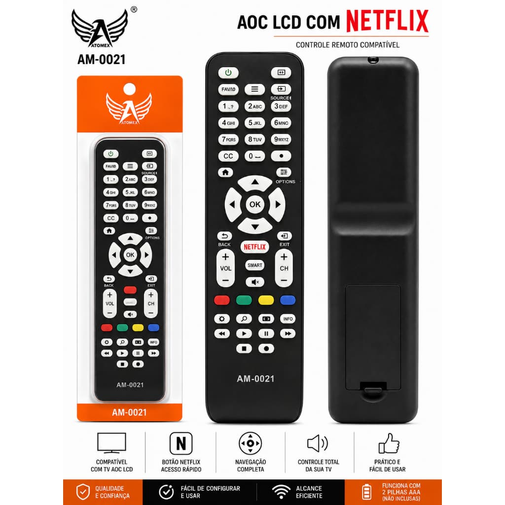 Controle Remoto Smart TV LCD com Botão Netflix Compatível com Diversos Modelos AM-0021