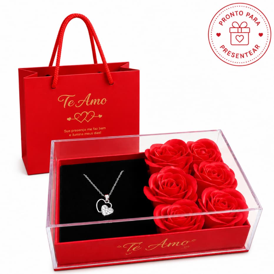 Presente para Namorada com Colar Feminino, 6 Rosas Eterna e Sacola | Caixa Presente Romântica