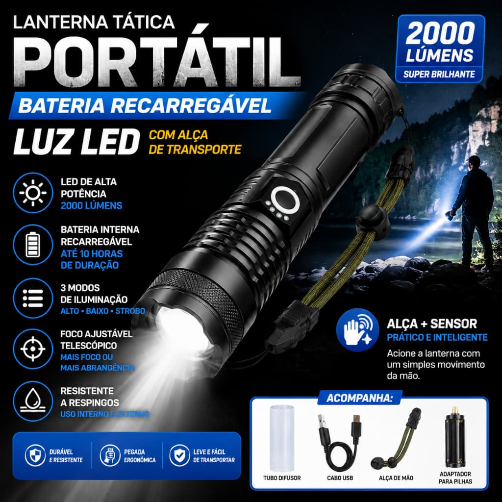 Lanterna Tática Portátil Bateria Recarregável Luz LED com Alça