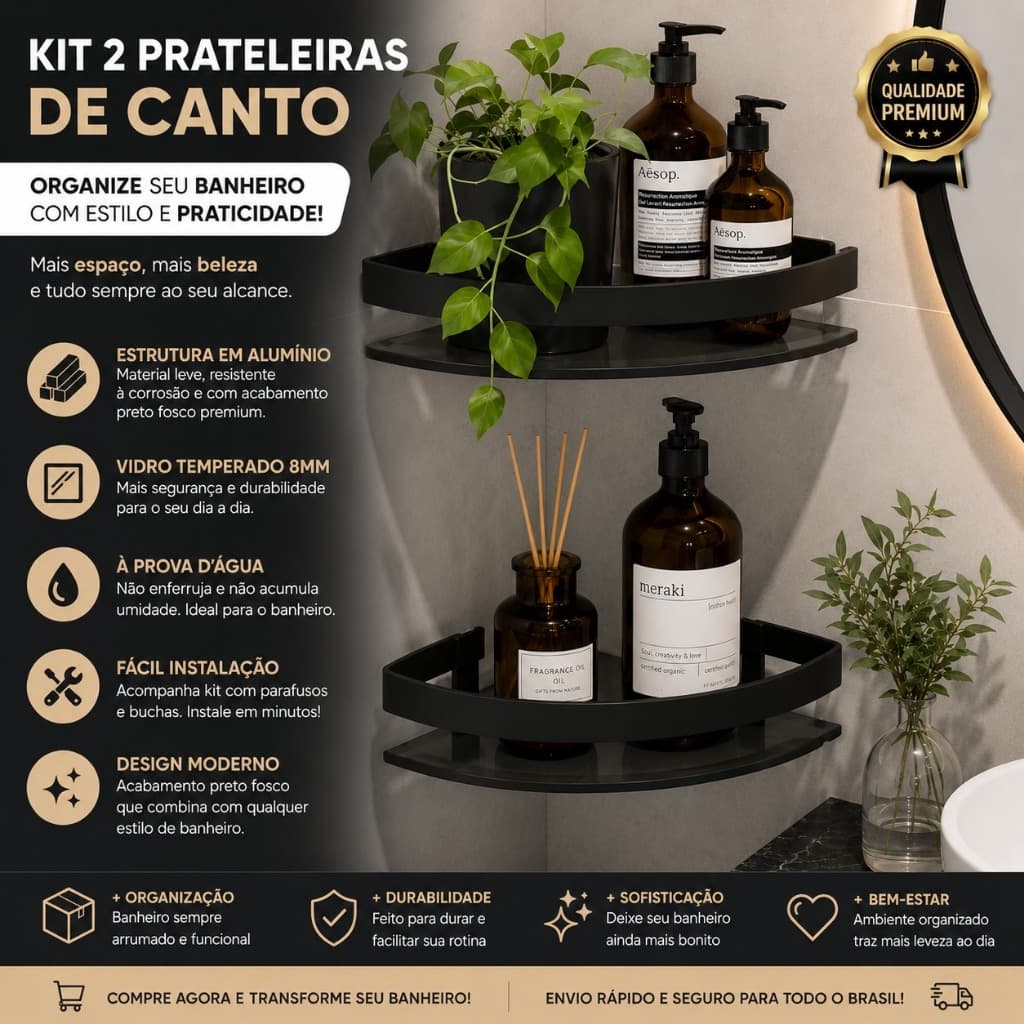 Kit 2 Prateleiras de Canto para Box 8mm Preto Premium Organizador