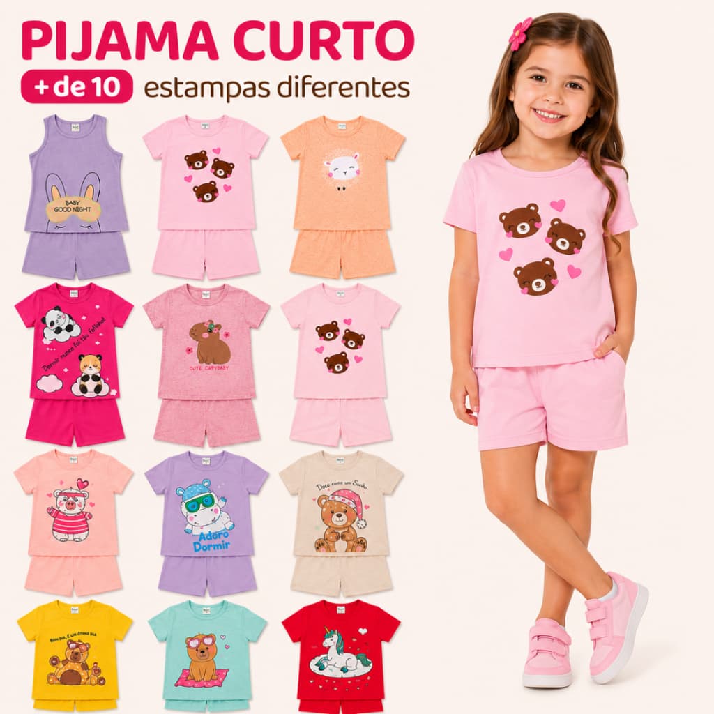 Kit 4 Peças Pijama Infantil Menina Malha 100% Poliéster Tamanho 1 a 10 Anos