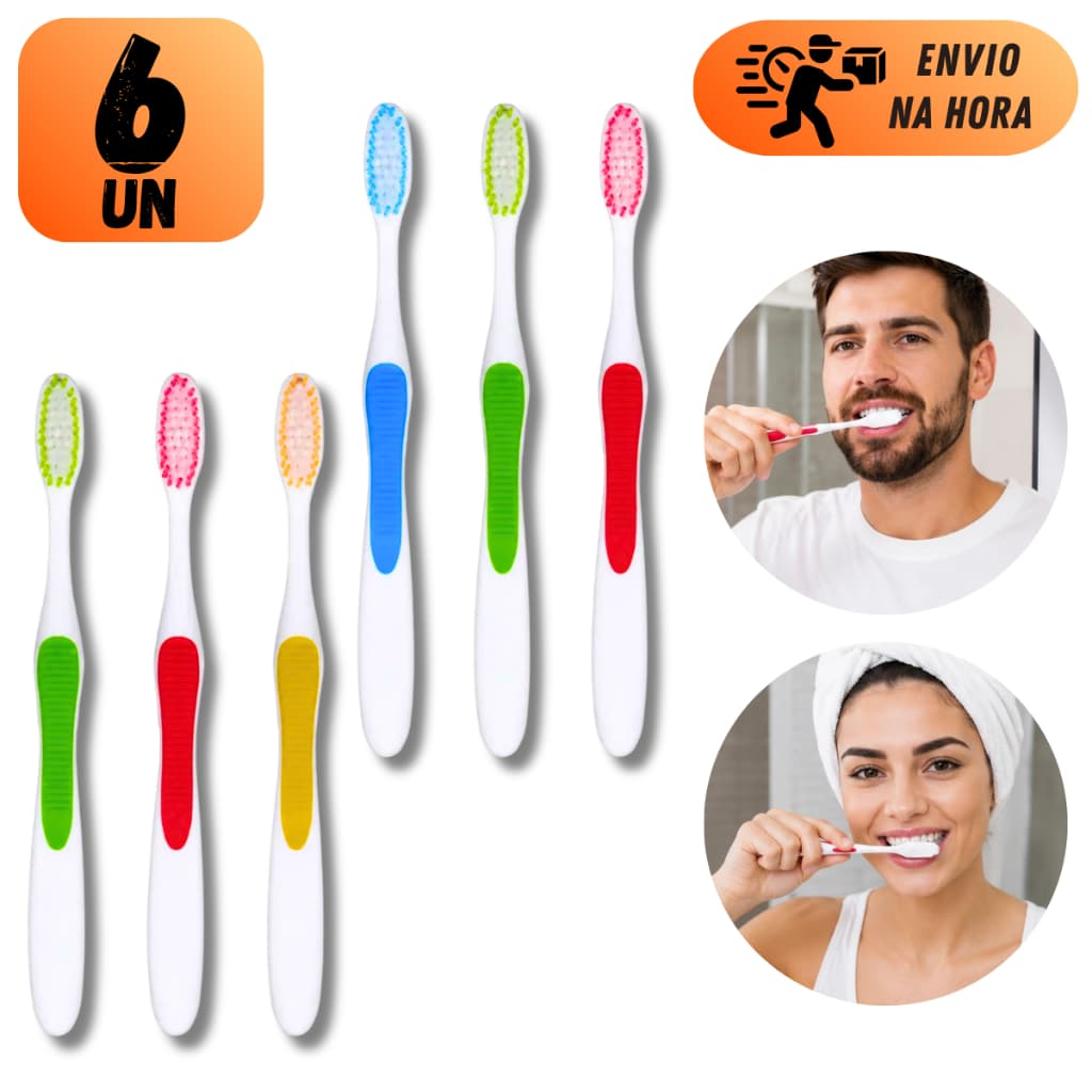 Kit 6 Escova De Dentes Para Adultos Com Capa Protetora Cerdas Macias  E Limpadora De Lingua Varias Cores