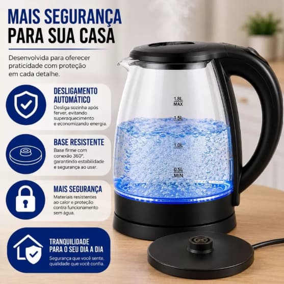 Chaleira Moderna de Vidro 2L 1500W Rápida Fervura 110V- UTILITY'S
