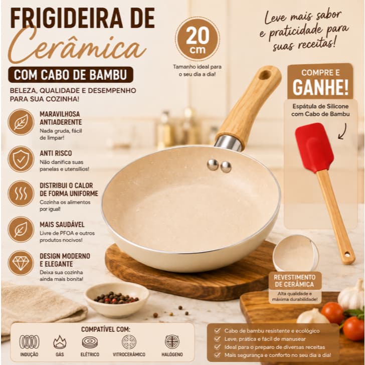 Frigideira Indução 20Cm em Cerâmica Granito Cabo de Bambu - QUALITY HOUSE