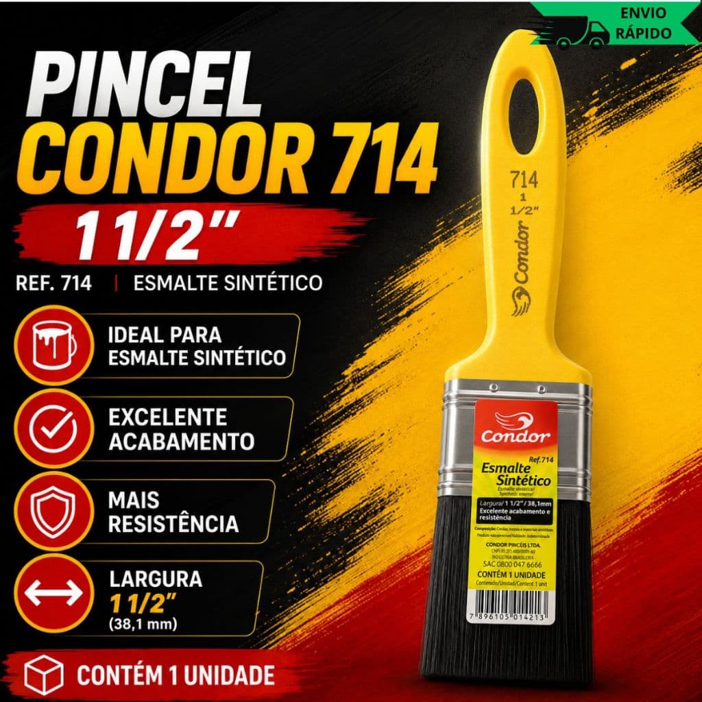 Pincel Trincha Condor 714 1 1/2" Para Esmalte Sintético Óleo Com Cerdas Pretas E Cabo Amarelo