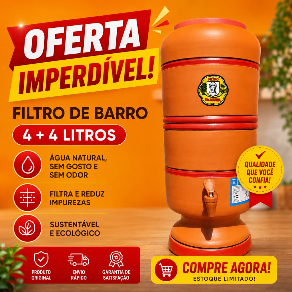 Filtro de Barro Água 4 Litros Completo com Vela Tripla Ação Original Jaboticabal Reduz Impurezas