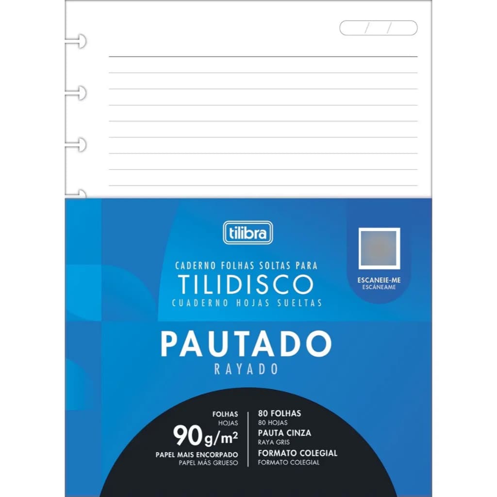 Bloco para Tilidisco Colegial Pautado 80 folhas Tilibra Refil Caderno Folhas Soltas