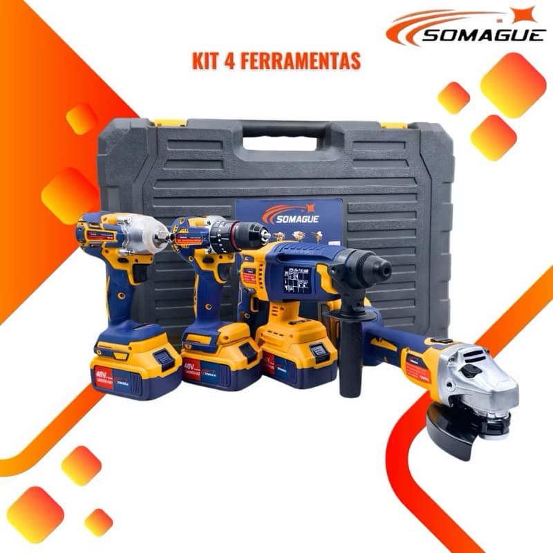 Kit Ferramentas 4 em 1 48V Sem Fio com Maleta | Furadeira Parafusadeira Martelete Chave de Impacto Esmerilhadeira