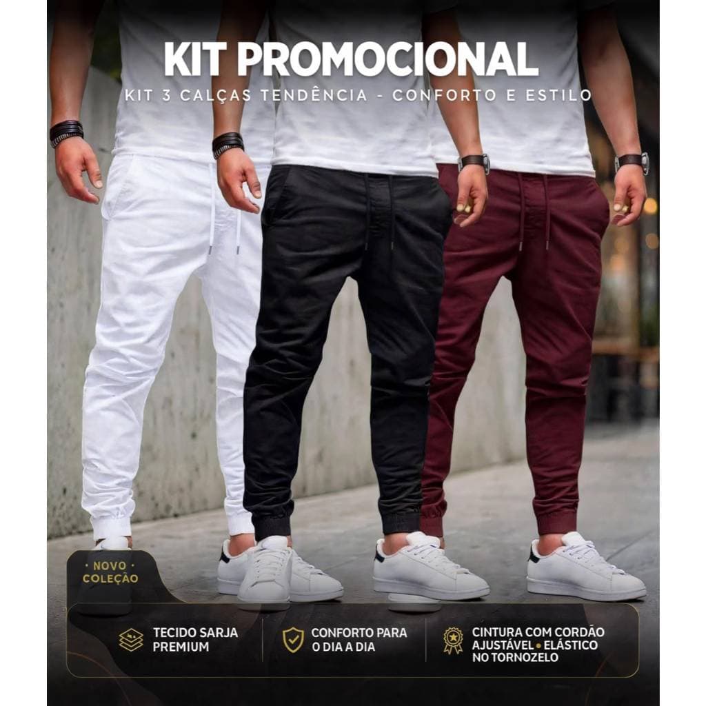 Combo Com 3 Calças Jogger em Sarja Masculina Combo Em Promoção