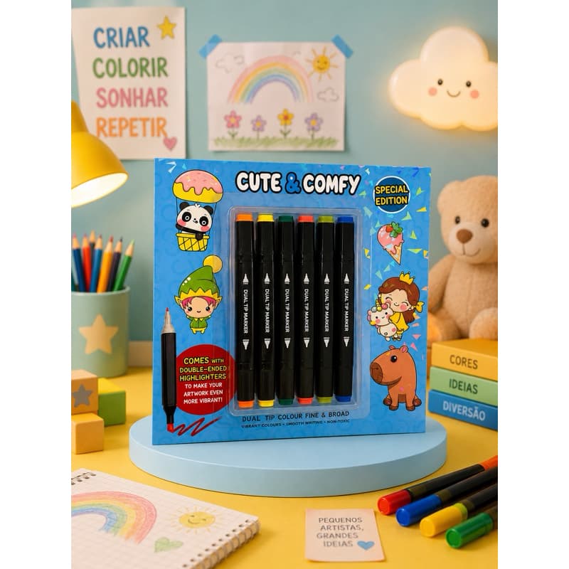 Kit Cute & Comfy  Livro de Colorir e Canetas 6 Cores