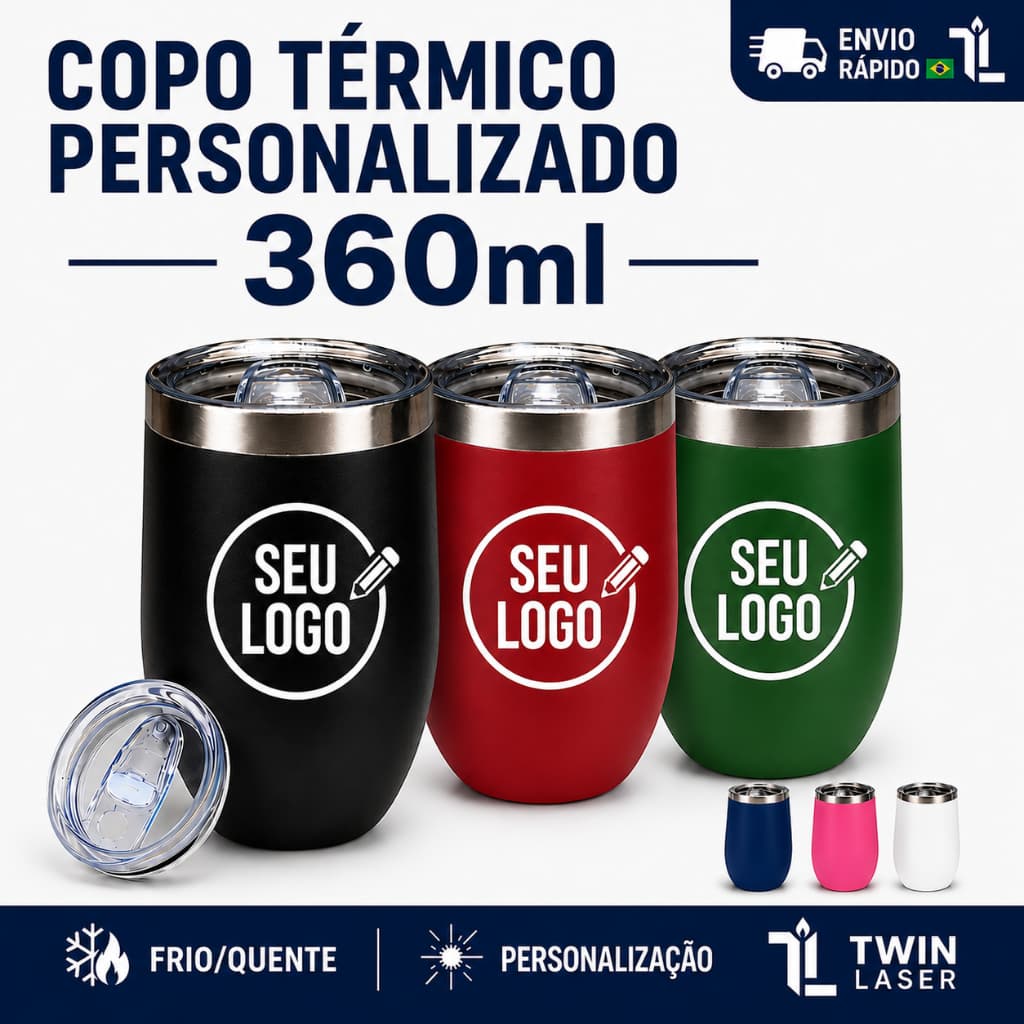 Kit 10, 15, 17, 20 ou 24 Copos Térmicos Personalizados 360ml Cônico ou Cuia Casca de Ovo Inox c/ Tampa Laser