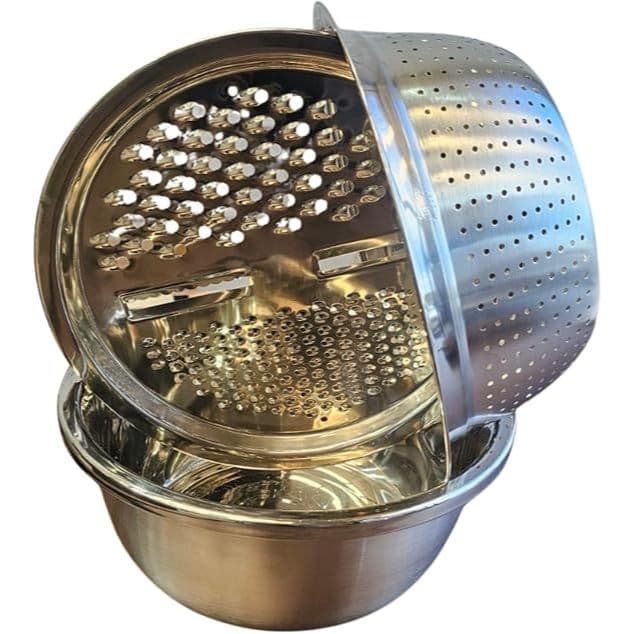 Kit Cozinha 3 em 1 Multifuncional em Aço Inoxidável – Tigela + Escorredor + Ralador de Queijo e Legumes