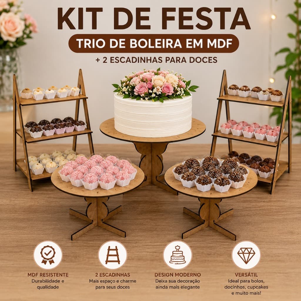 Kit trio de boleira com par de escada para doces + 2 estante decoração festa MDF