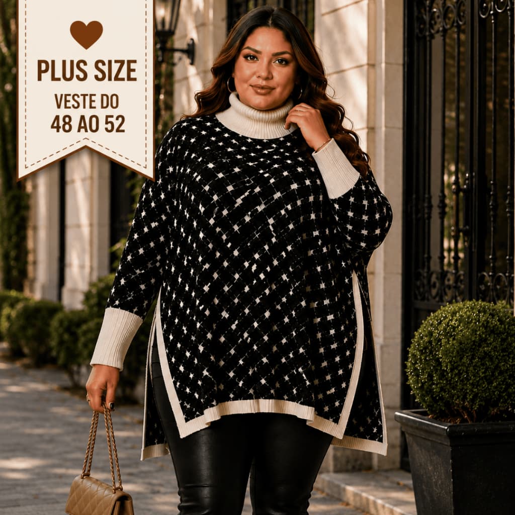 Poncho Feminino Plus Size Tricot Com Gola Alta e Manga Inverno Caimento Perfeito Tam. Único 48 ao 52