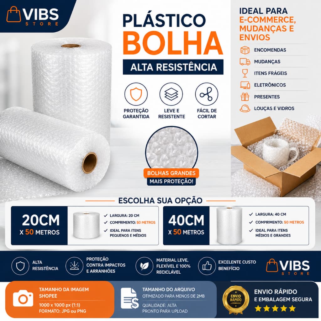 Plástico Bolha 40cm x 50m e 20cm x 50m Alta Resistência para Embalagens, Encomendas, Mudanças e E-commerce