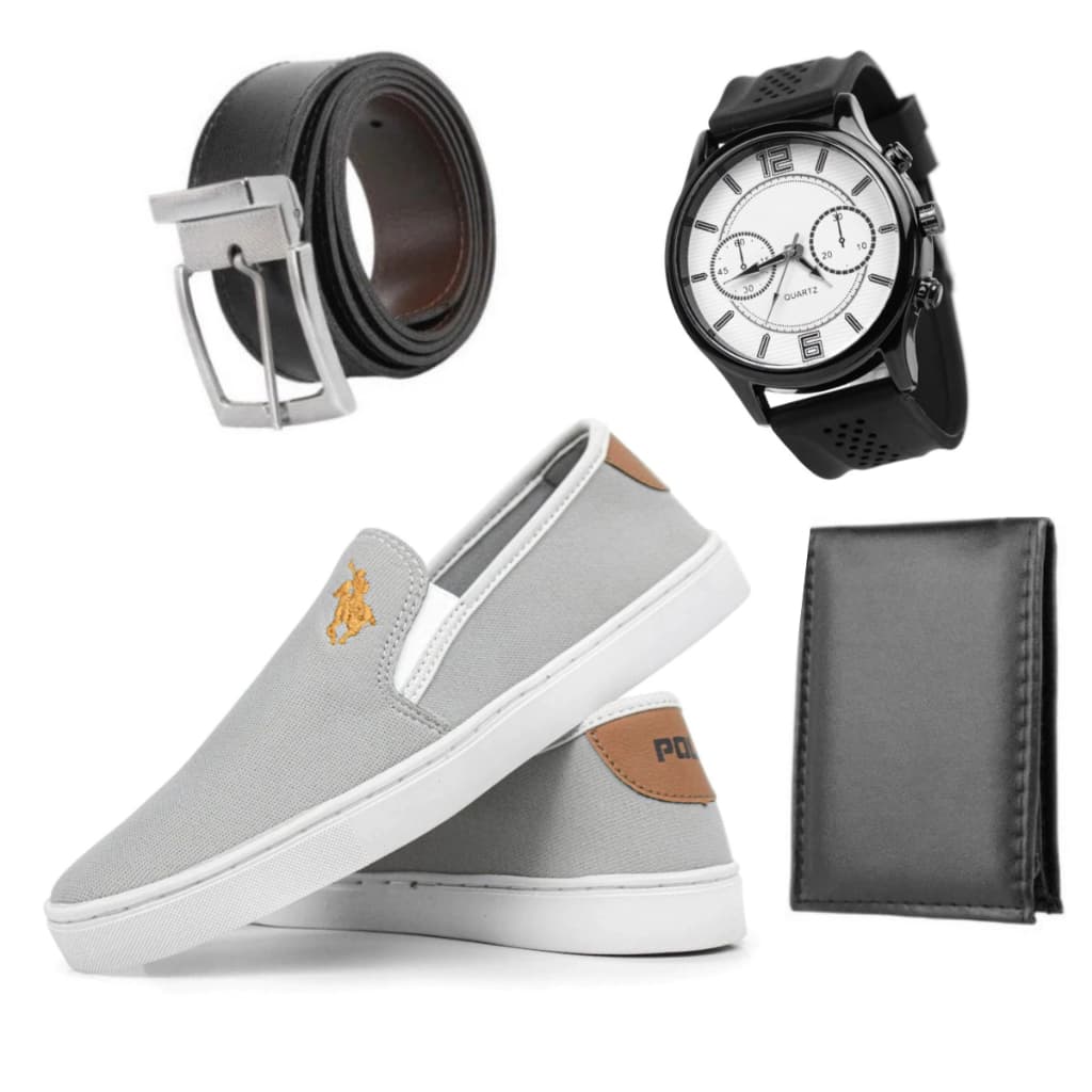 Tênis Polo Masculino Iate Slip On + Carteira Porta Cartões + Cinto Couro Sintético + Relógio Formal