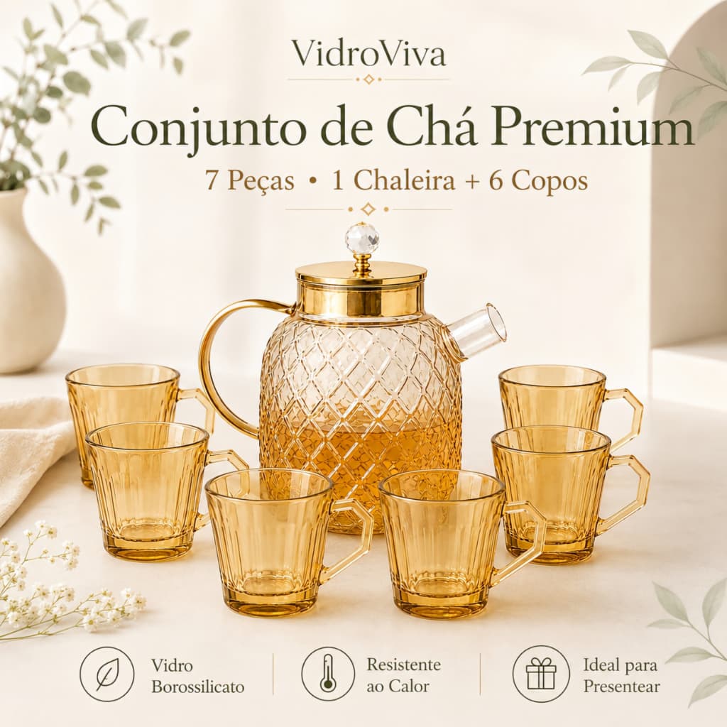VidroViva Kit Bule de Vidro Âmbar 1,8L com 6 Copos – Jogo de Chá Elegante para Mesa Posta e Presentes