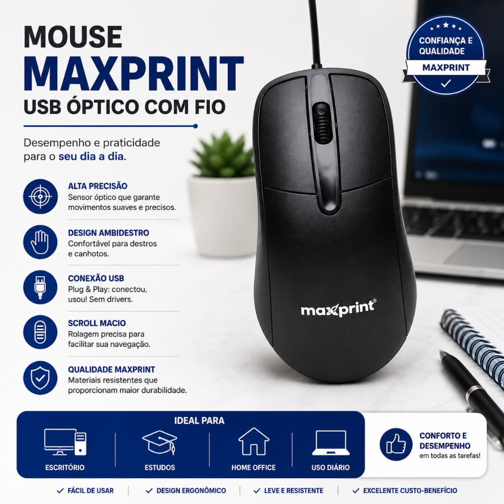 Mouse USB Maxprint Óptico Ambidestro Preto Para Computador e Notebook