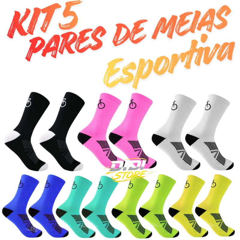 Kit 5 Pares de Meias de Ciclismo Compressão Cano Médio Bike Speed MTB Corrida Academia Esportiva Respirável Unissex