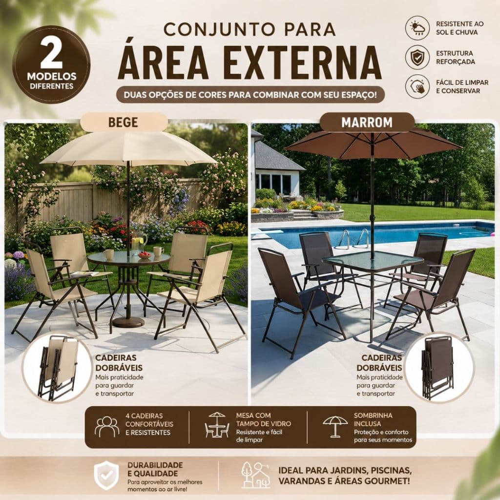 Conjunto Mesa + 4 Cadeiras e Ombrelone Para Piscina Sítio Fazenda Praia Dobrável Kala