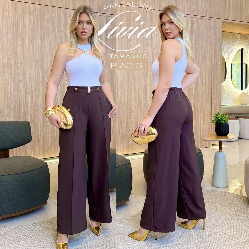 CALÇA PANTALONA FEMININA COM FIVELA E DUPLO BOTÃO FRONTAL MODA TENDENCIA
