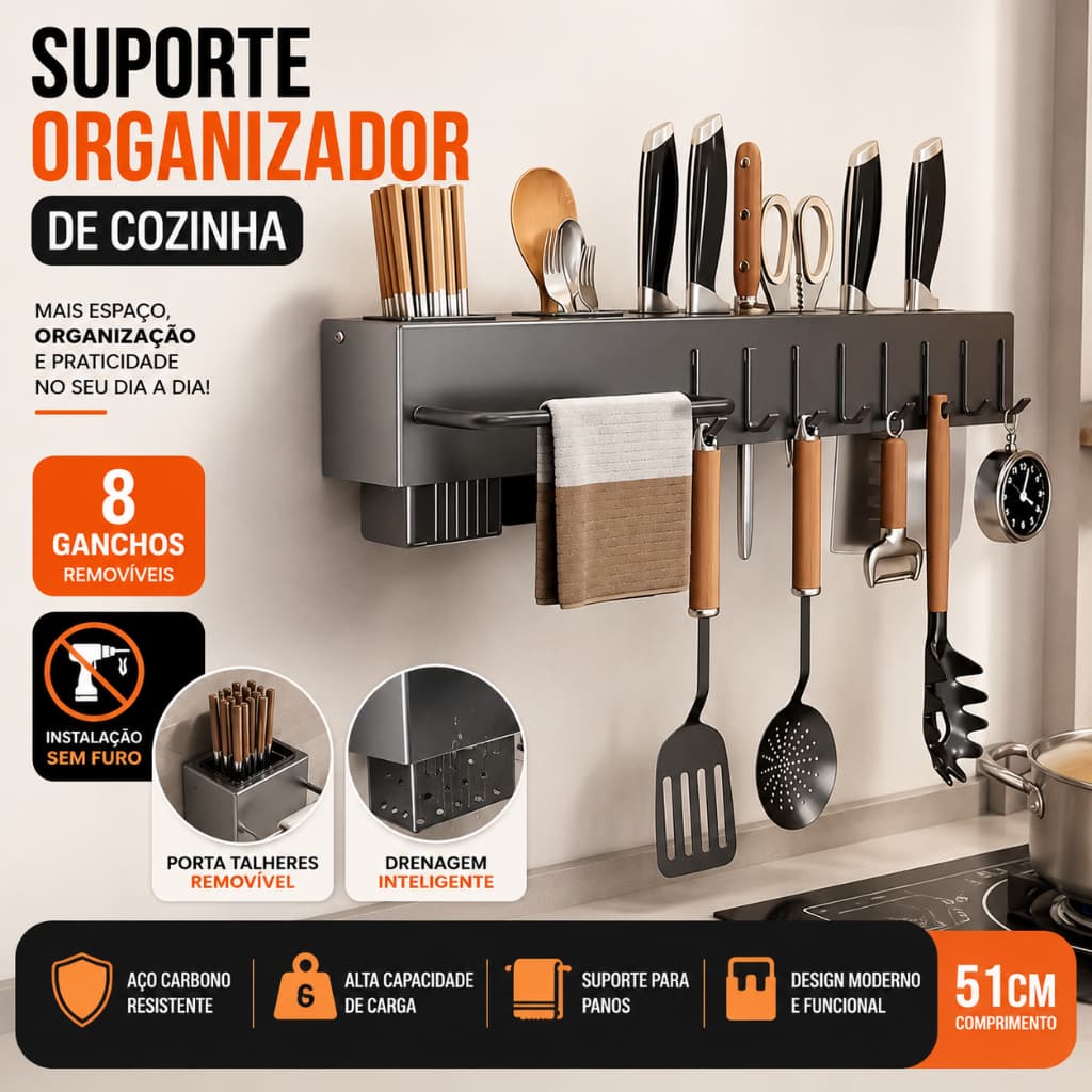 Rack de Parede para Utensílios de Cozinha Suporte Organizador Talheres Panela Colher Adesivo