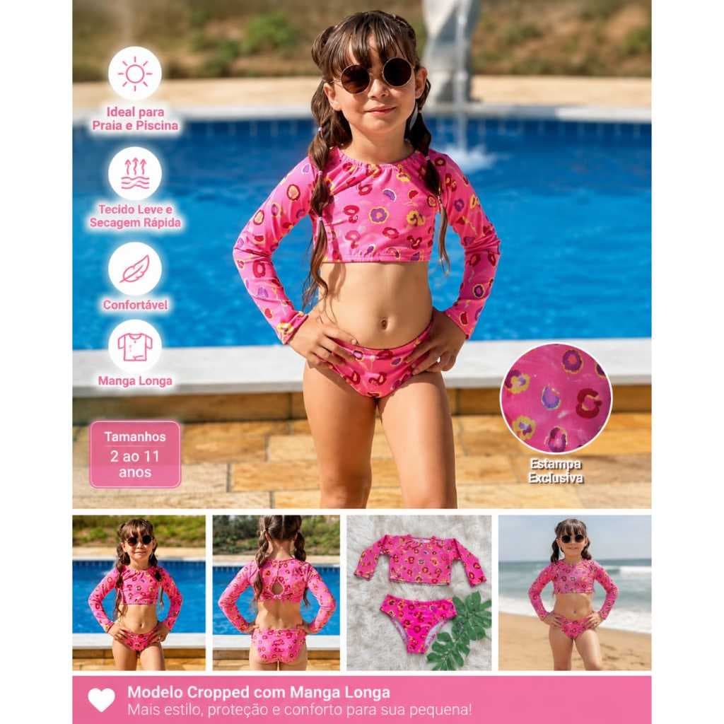Biquini Infantil Cropped Manga Longa Menina Praia Piscina Verao Estampado