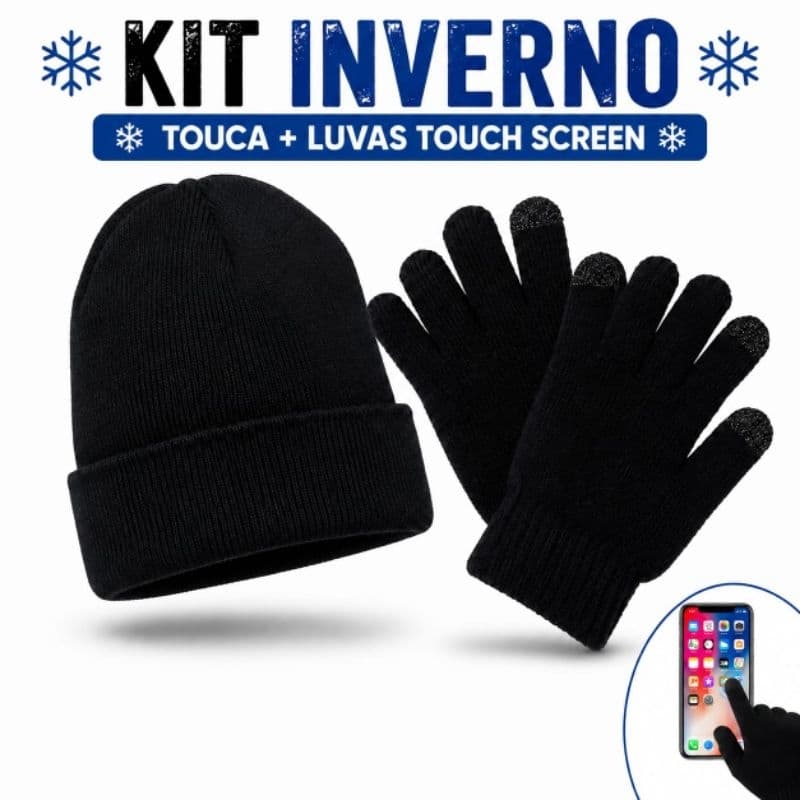 kit Touca de Frio toca Inverno Gorro Mais Luvas Frio Touch Screen.