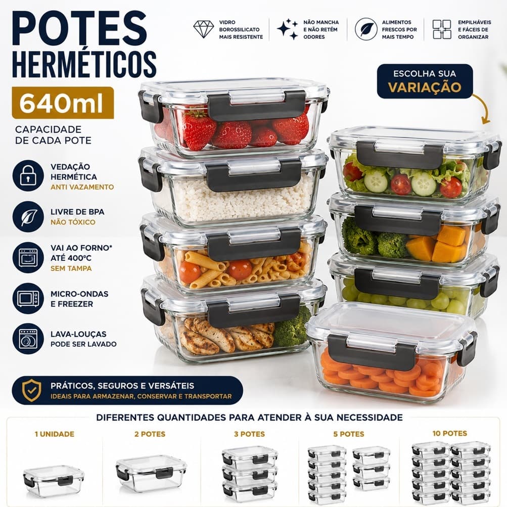 Pote Hermético De Vidro Borossilicato Marmita Fitness Micro-Ondas Freezer Tampa Com 4 Travas 640ml Escolha Seu Kit RENIM