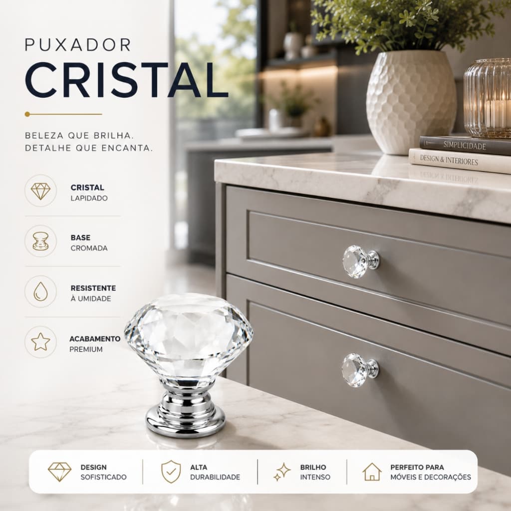 Puxador Cristal de Armário Gavetas Móveis Porta Modelo Cristal 30mm Medio Base Cromada