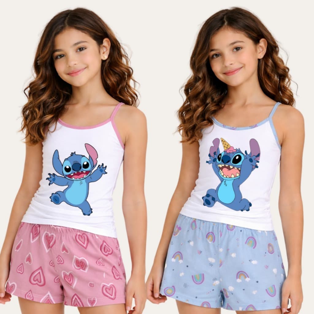 Kit 2 Pijamas Infantil Baby Doll Estampado Personagens Verão Feminino Leve
