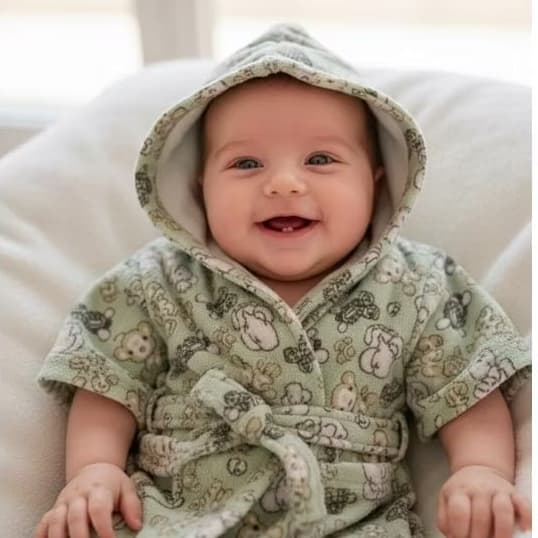 Roupão atoalhado bebê 1 a 2 anos estampado Safari toalha de banho com capuz , cinto e sem bolsos