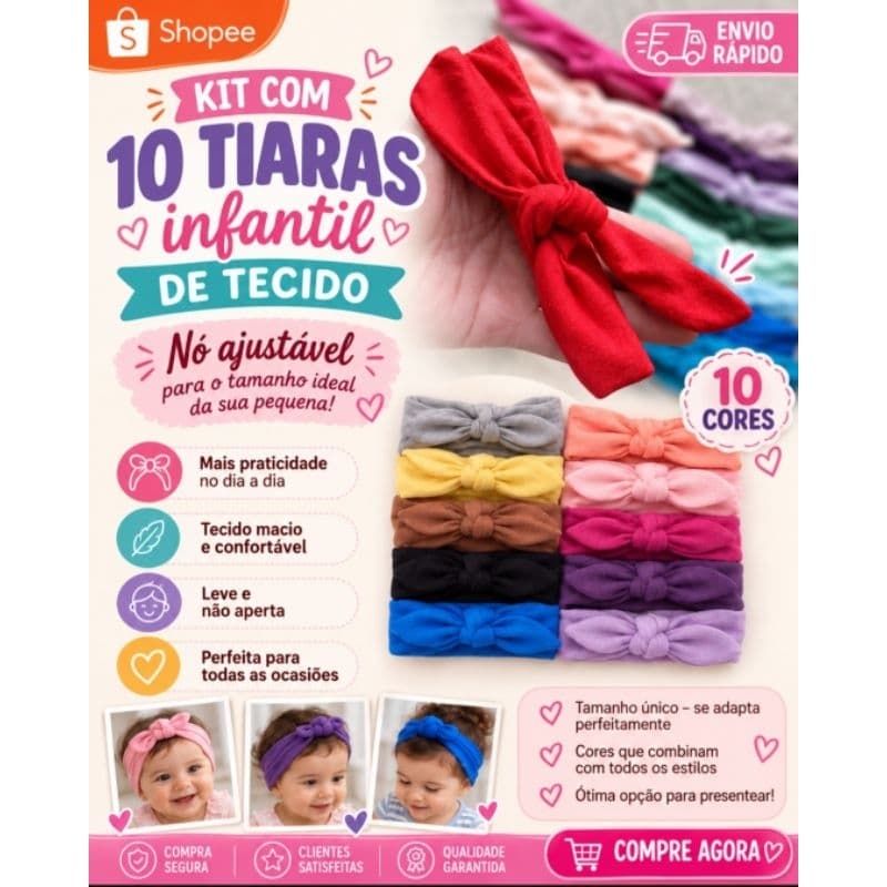 Kit 10 Tiaras Turbante nó Infantil Menina