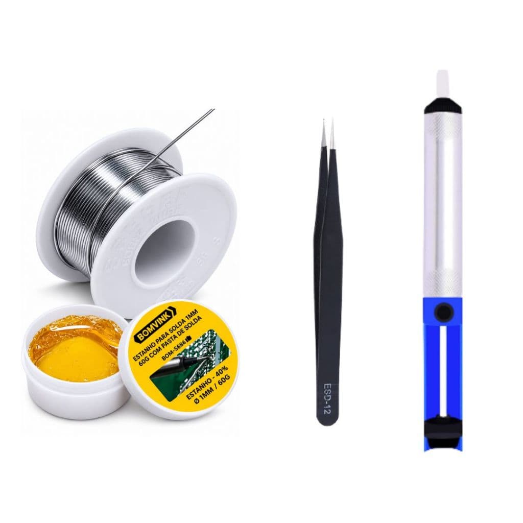Kit Soldagem Sugador Pasta de Solda 10g  Estanho 60g Pinça