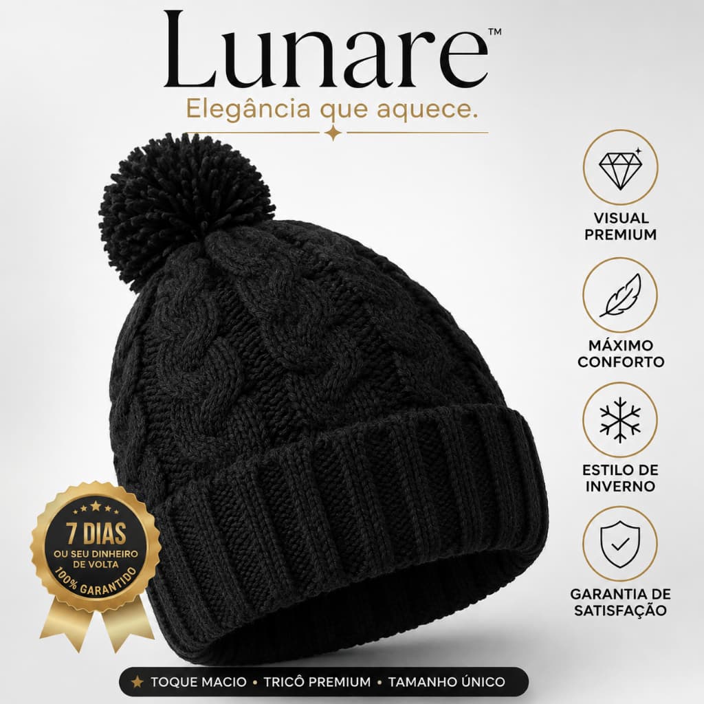 Touca de Frio Gorro de Tricô com Pompom Preta Unissex Quente Inverno Lunare