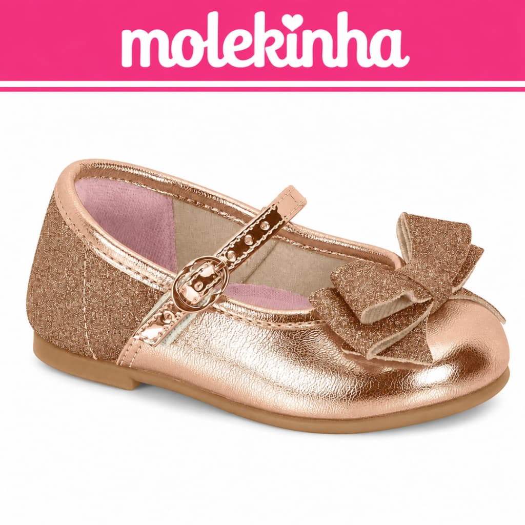 Sapatilha Infantil Feminina Metalizada com Laço Glitter Sapato para Festa Menina